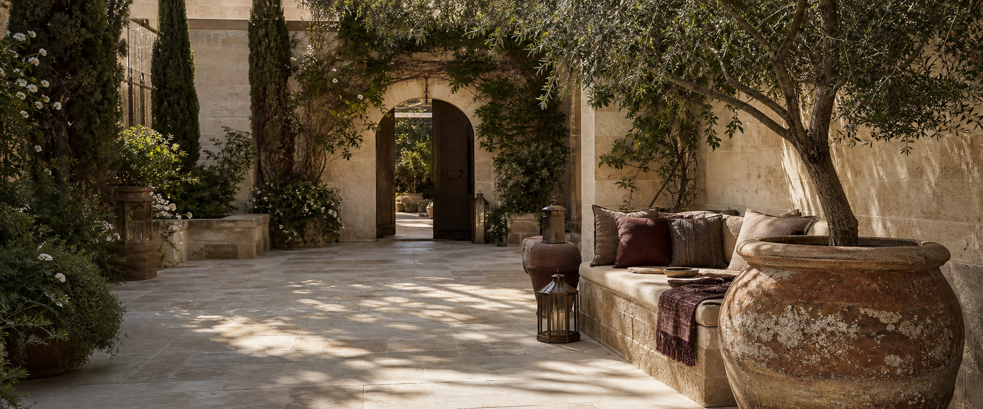 Quiet limestone courtyard with olive tree